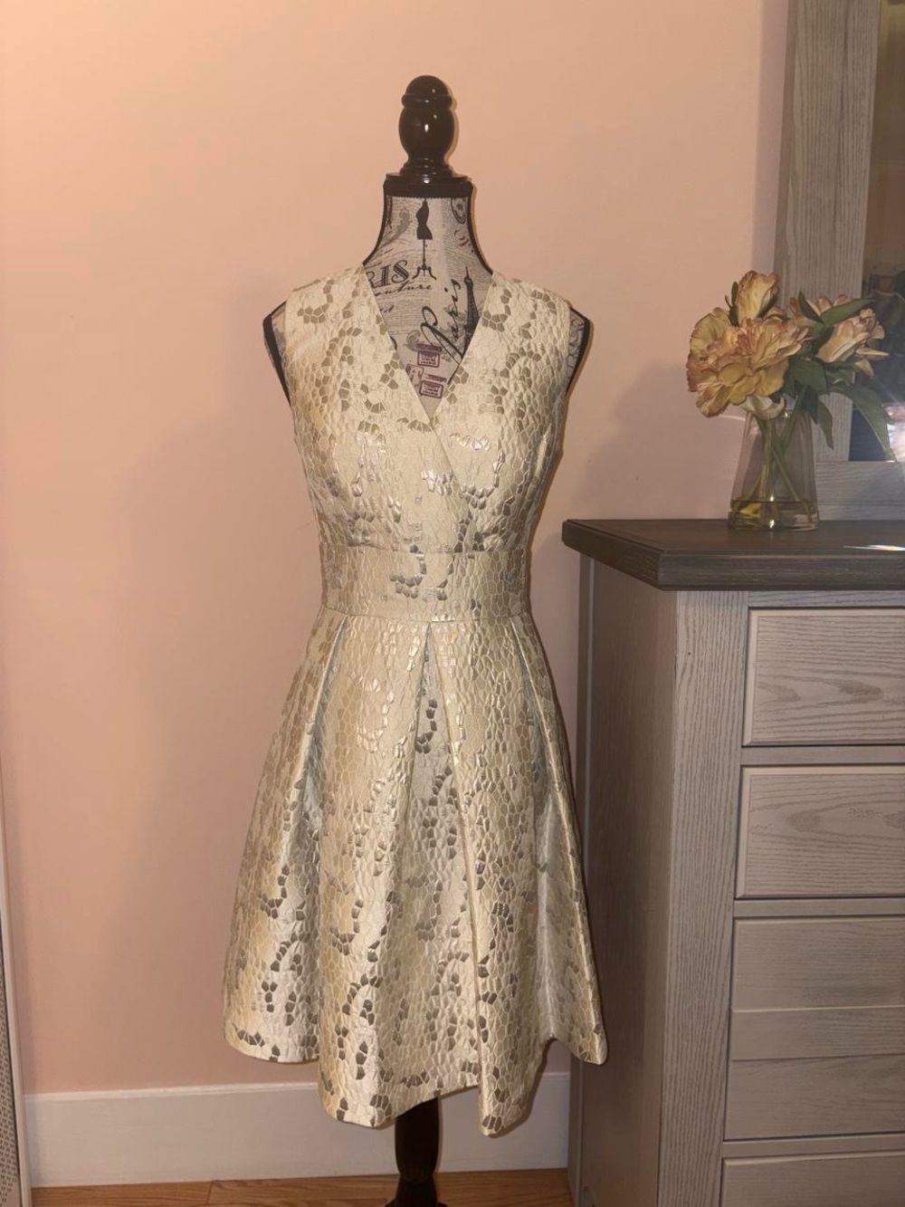 DKNY Ivory Lace V-Neck Fit & Flare Dress